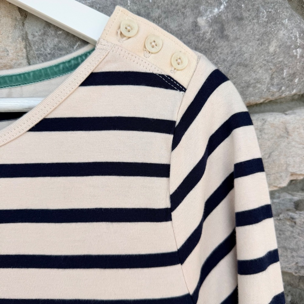 Boden Button Shoulder Breton Top Long Sleeve Navy Ivory Striped NWOT Size 10 - Picture 2 of 7